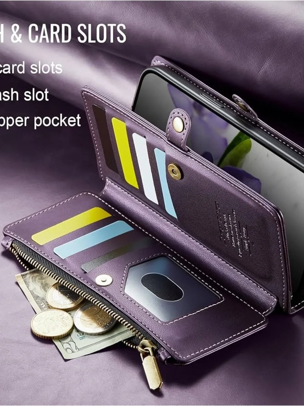Women's Purple Leather Wallet Wristlet - Elegant Zip Closure